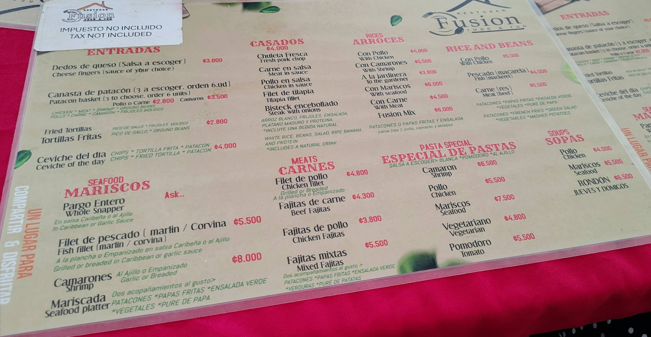 Menu impreso de Restobar Fusion